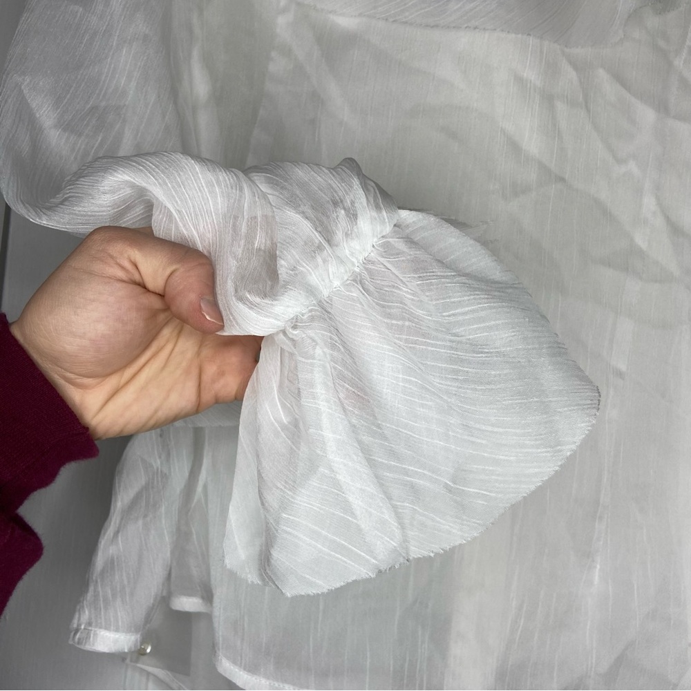Forever Unique Organza Ruffle Trim Button Down Tie Blouse In White Size 14 - Picture 11 of 15